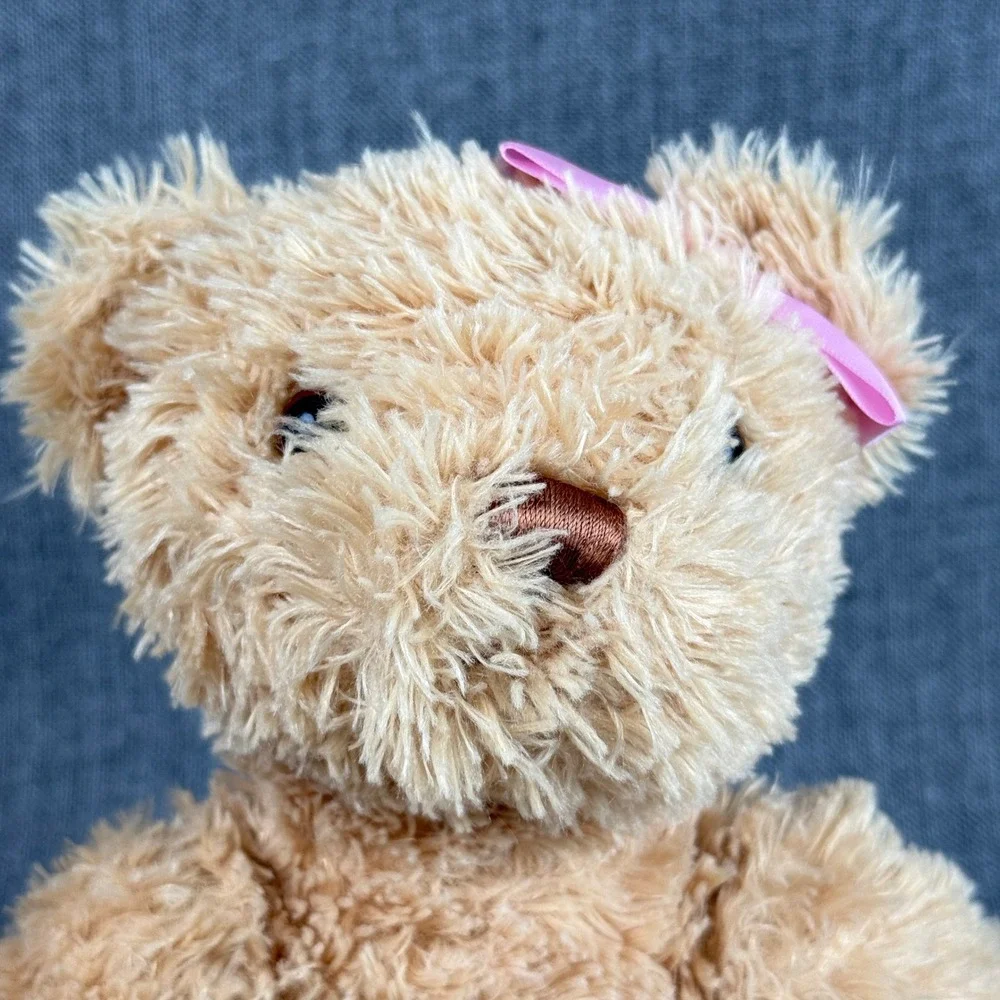 FAO Schwarz Teddy Bear Tan Shaggy Plush Pink Bow Embroidered Paw 15 Inch